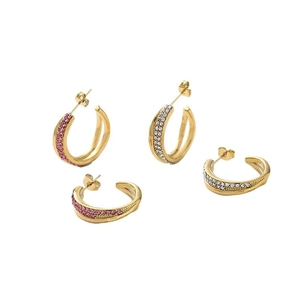 Crossed C-shaped stainless steel stud earrings with pink and white pavé zircons
