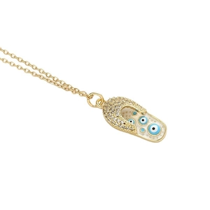 Collier doré avec pendentif en forme de chaussure, motif œil bleu et zircons blancs sertis