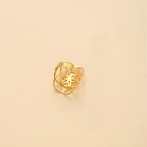 Detailed close-up of a vintage hollow floral ring in gold finish with adjustable open band