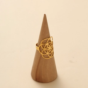Vintage 18K gold plated stainless steel open ring with hollow flower of life pattern