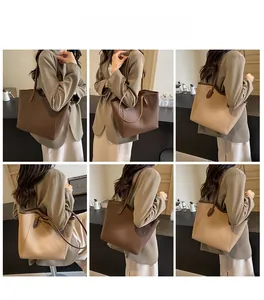 Multiple views of large capacity tote bag in brown and apricot on model in cafe