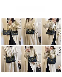 Detailed views of black quilted crossbody bag with gold chain and metal twist lock closure
