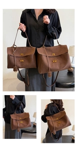 Detail view of vintage brown suede tote bags in two sizes with gold turn-lock hardware