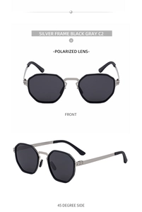 Front and 45-degree angle detail of silver polygon polarized sunglasses with gray lenses