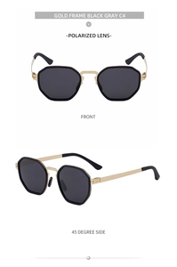 Front and side views of gold hexagonal polarized sunglasses with black gray lenses