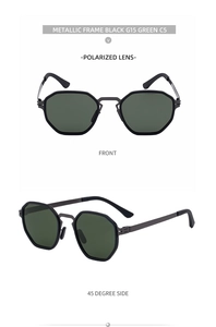 Front and 45-degree views of square polarized sunglasses with black metal frames and green lenses