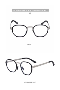 Close-up of polarized silver metal polygon frame sunglasses with black accents