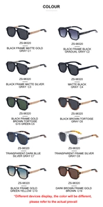 Detailed grid display of square sunglasses in multiple colors and metal textures