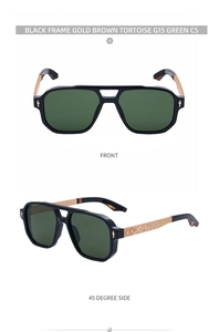 Detail of gold temples with star patterns and tortoiseshell tips on square sunglasses