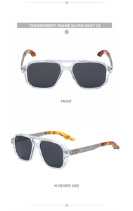Front and side view of square transparent grey sunglasses with engraved metal temples
