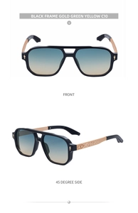 Detail of square sunglasses with black frame and engraved golden metal temples showing patterns