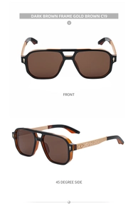 Detail of gold metal temples with star and flower embossed patterns on dark brown sunglasses