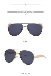 Detail view of aviator sunglasses featuring gold metal frames and gray lenses at two angles