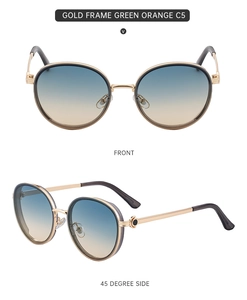 Detailed front and side view of round gold sunglasses with green orange gradient lenses