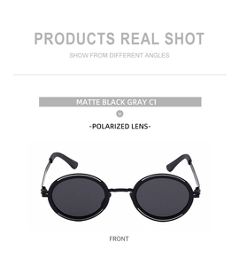 Vue détaillée de face de lunettes de soleil rondes polarisées noir mat