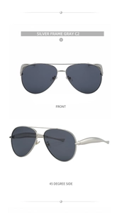 Front and 45-degree side views of silver metal aviator sunglasses with gray lenses