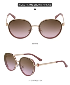 Detailed front and side views of gold frame sunglasses with pink gradient lenses