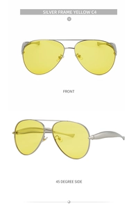 Front and 45 degree side view of silver aviator sunglasses with yellow lenses