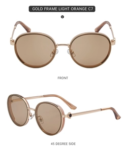 Front and side view of gold frame round sunglasses with light orange tinted lenses