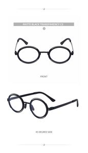 Vues détaillées de lunettes de soleil rondes noires mates de face et sous un angle de 45°