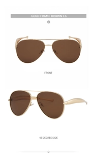 Front and side view of gold aviator sunglasses with brown lenses and sleek metal temples