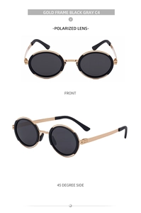 Détail de lunettes de soleil rondes polarisées en métal doré avec branches ajourées élégantes
