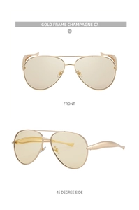 Detailed front and side views of gold aviator sunglasses with champagne lenses in C7
