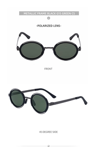 Détail de lunettes de soleil rondes polarisées avec monture métallique noire et verres G15