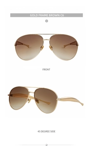 Detailed front and 45-degree side view of pilot sunglasses with gold metal frames