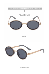 Vues de face et de profil à 45 degrés de lunettes de soleil ovales polarisées dorées