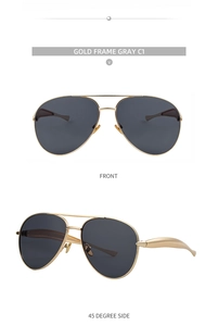 Front and 45-degree side views of gold aviator sunglasses with dark gray lenses