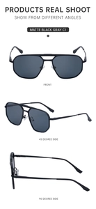 Front and side views of matte black square aviator sunglasses with metal temples