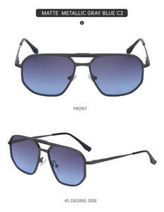 Front and side view of matte metallic gray blue double bridge square pilot sunglasses