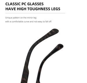 Detail of high-toughness PC temple with camouflage texture and ergonomic comfort design