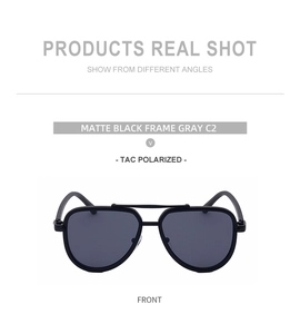 Detail of matte black aviator sunglasses featuring TAC polarized gray lenses for men