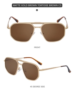 Detail view of square pilot sunglasses with matte gold metal frame and brown lenses