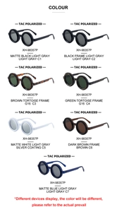 Detailed grid of retro round polarized sunglasses in seven assorted colors with TAC lenses