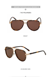 Front and 45-degree side views of brown tortoise aviator sunglasses with polarized lenses
