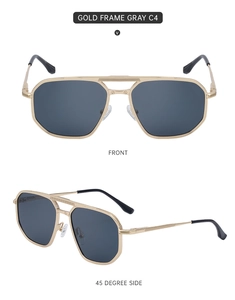 Detail view of gold square aviator sunglasses with gray lenses and double bridge