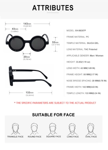 Technical drawing of retro round polarized sunglasses with PC frame and dimensions