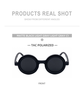 Detail of matte black round sunglasses with C1 dark grey TAC polarized lenses