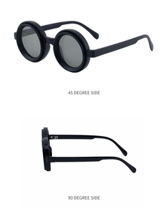 Detailed views of matte black round polarized sunglasses with side gear texture