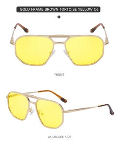Detail of pilot sunglasses with gold double bridge metal frame and yellow tinted lenses
