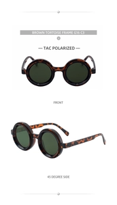 Detailed front and side views of brown tortoise sunglasses with green polarized lenses
