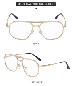 Detail of gold metal double bridge aviator frames with C7 anti-blue light clear lenses