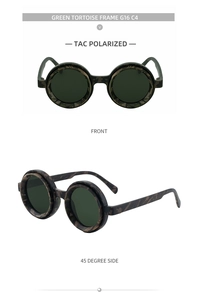 Polarized round frame sunglasses with green camouflage texture showing front and side views