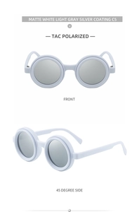 Detail of matte white round polarized sunglasses with silver coating lenses and side view
