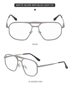 Front and side view of matte silver square aviator sunglasses with anti-blue light lenses