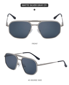 Detailed views of matte silver gray double bridge aviator sunglasses for men