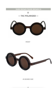 Detail of dark brown round frame sunglasses with TAC polarized brown lenses from two angles